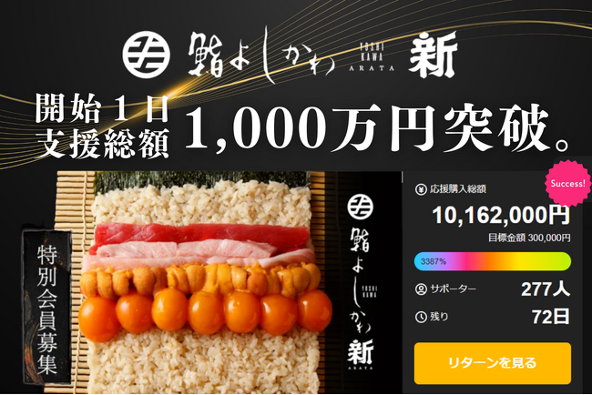 開始わずか1日で支援総額1,000万円突破！「鮨よしかわ 新 -ARATA- 六本木」がクラウドファンディングで早くも支持を獲得。