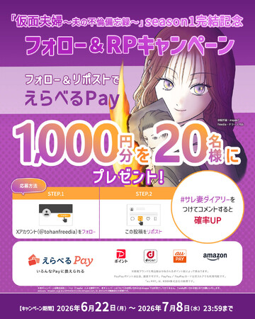トーハン×テラーノベル「テラーコミックス」『仮面夫婦～夫の不倫備忘録～』season１完結記念 SNSプレゼントキャンペーンを6月22日より実施