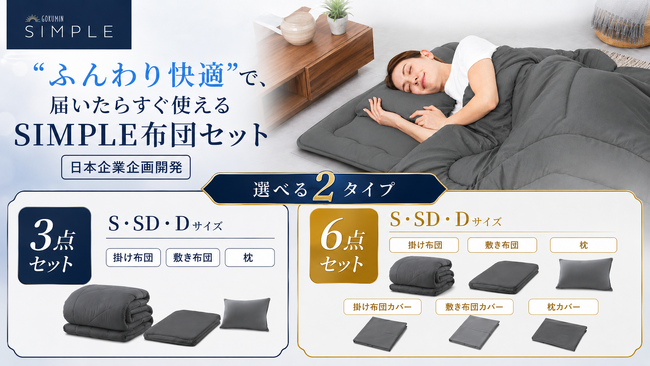 【GOKUMIN】布団一式が約1万円から、届いた日からすぐ眠れる。「SIMPLE 布団セット」全3サイズが新登場｜掛け布団・敷き布団・枕の3点／カバー付き6点