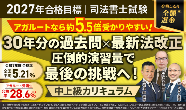 【2027年合格目標】司法書士試験演習総合講義／中上級カリキュラム（フル・ライト）リリース！