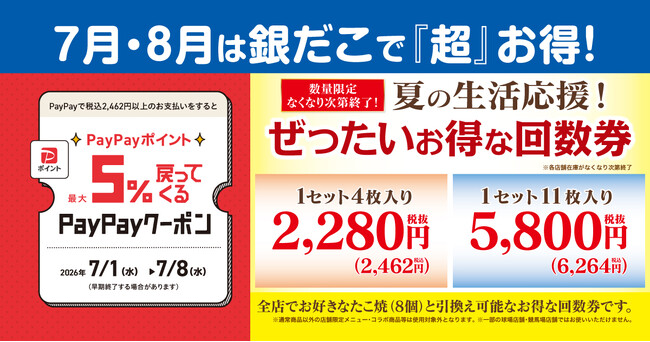 【7/1～数量限定！『夏の回数券』発売決定】築地銀だこ “ぜったいお得な” 「夏の回数券」、PayPayクーポンを取得して購入すると、『超』 お得！！