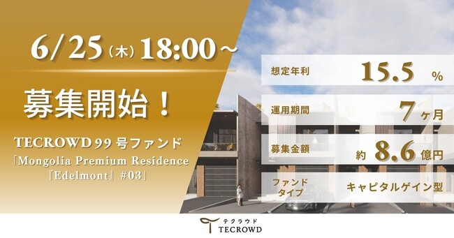 【想定年利15.5%】キャピタルゲイン型ファンド「Mongolia Premium Residence『Edelmont』#03」に投資するTECROWD99号ファンドの募集開始