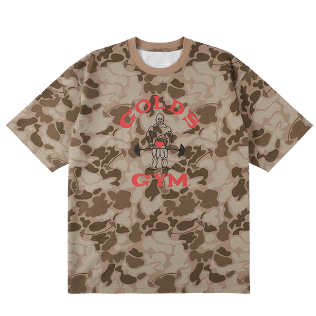 バーベルモチーフを落とし込んだオリジナル迷彩デザインのトレーニングTシャツ「ゴールドジム バーベルカモTシャツ」7/4新発売