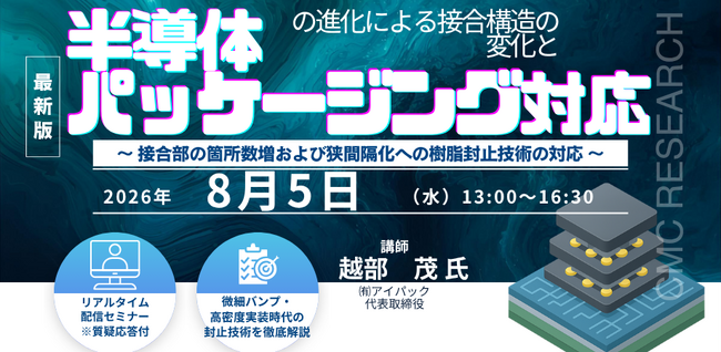 【ライブ配信/ZOOM】「半導体の進化による接合構造の変化とパッケージング対応 ~接合部の箇所数増および狭間隔化への樹脂封止技術の対応~」セミナー開催!2026年8月5日(水)主催:(株)CMCリサーチ