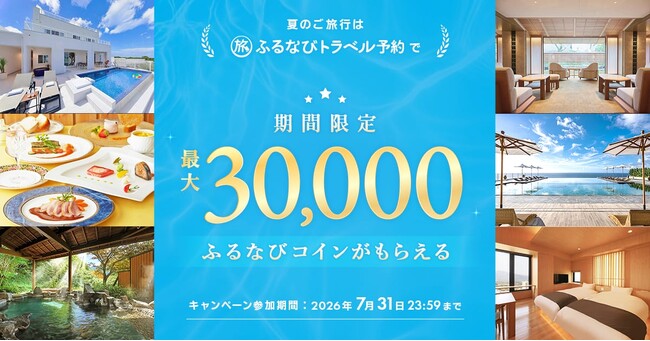 旅行予約サイト「ふるなびトラベル予約」、最大30,000ふるなびコインが付与される、夏のコイン付与キャンペーンを開催