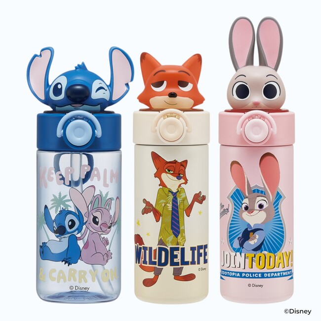 【ディズニー ズートピア スティッチ】かわいい立体マスコット付きストローボトルが新登場！スティッチ：発売中。ニック・ワイルド／ジュディ・ホップス：7月中旬発売予定。