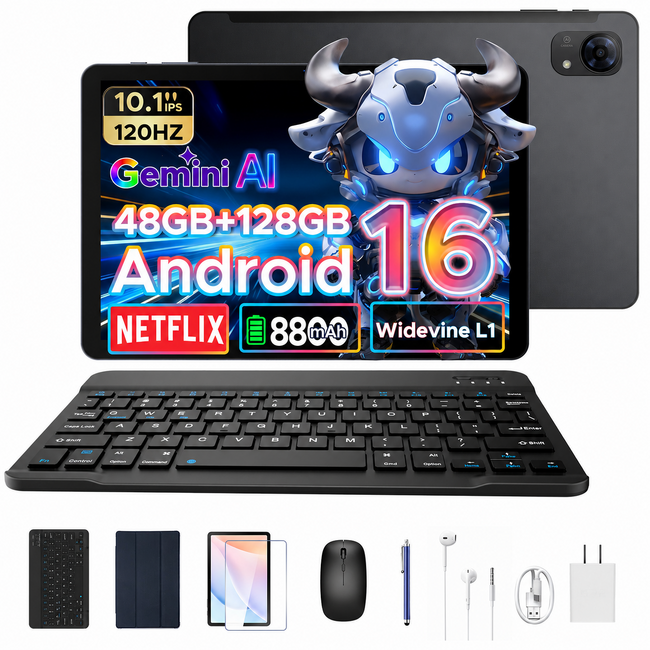 【アマゾンタイムセール 30%OFF】6部品付属 Android 16 × Gemini AI対応10.1インチタブレット【POCKAM P10PRO】 キーボード・ケースなど付属品付 18,900円