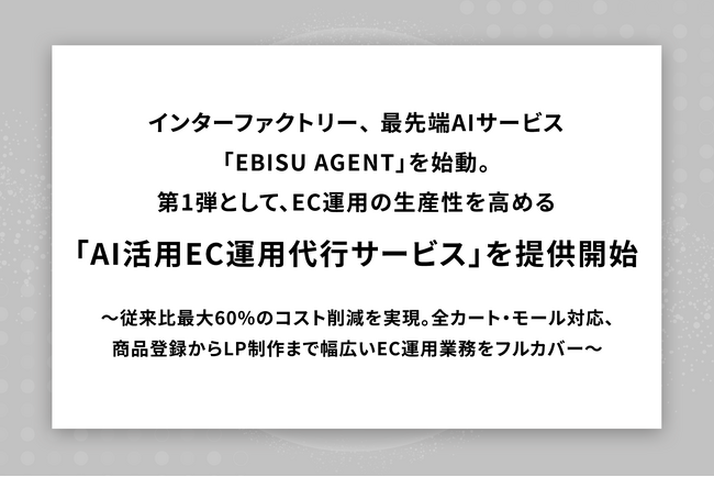 インターファクトリー、最先端AIサービス「EBISU AGENT」を始動。第1弾として、EC運用の生産性を高める「AI活用EC運用代行サービス」を提供開始