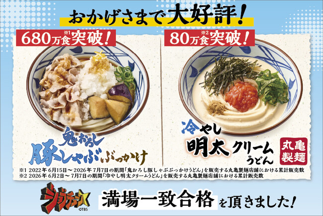 打ち立てうどんを水できゅっと締めた、のど越しの良さが楽しめる夏の人気商品『鬼おろし豚しゃぶぶっかけうどん』累計680万食、『冷やし明太クリームうどん』累計80万食を突破！