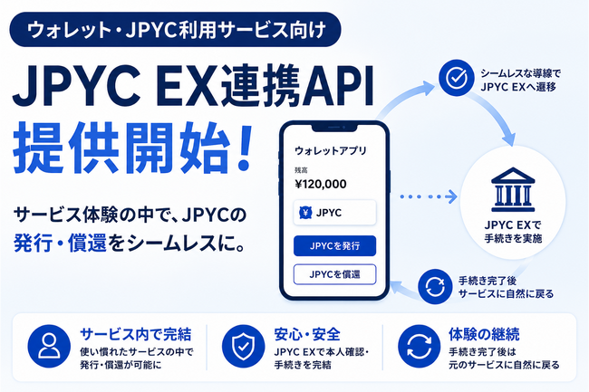 JPYC株式会社、ウォレット・JPYC利用サービス向け「JPYC EX連携API」を提供開始