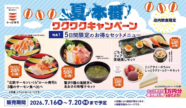 かっぱ寿司「夏本番！ワクワクキャンペーン」開催みんなで食べれば食べるほど当たるチャンスUP！5日間限定セット×食べ放題もお持ち帰りも対象のレシート応募で1万円分の優待割引券が当たる！