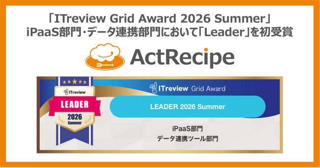 iPaaS「ActRecipe」が「ITreview Grid Award 2026 Summer」のiPaaS部門・データ連携ツール部門において「Leader」を初受賞