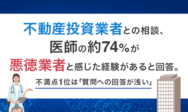 不動産投資業者との相談、医師の約74%が「悪徳業者と感じた経験がある」と回答。不満点1位は「質問への回答が浅い」