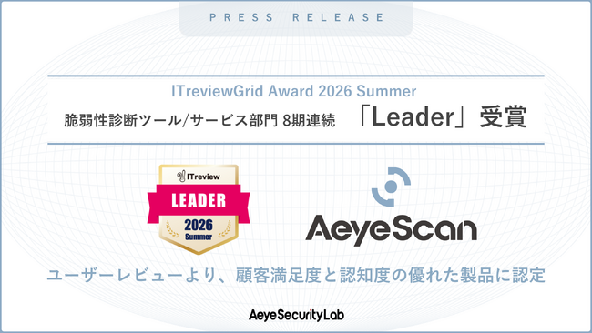AeyeScan、「ITreview Grid Award 2026 Summer」「脆弱性診断ツール/サービス」部門で8期連続「Leader」に選出