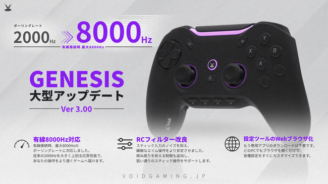 日本発ゲーミングコントローラー「Void GENESIS」が有線8000Hzに対応。大型アップデートv3.00を配信開始