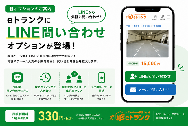 トランクルーム検索サイト「eトランク」、LINE問い合わせオプションの提供を開始　スマートフォン経由の利用者73.1％に対応