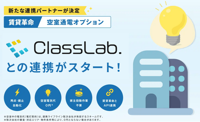 日本情報クリエイト、賃貸管理ソフト「賃貸革命」のオプション 「空室通電オプション」、ClassLab.と連携を開始