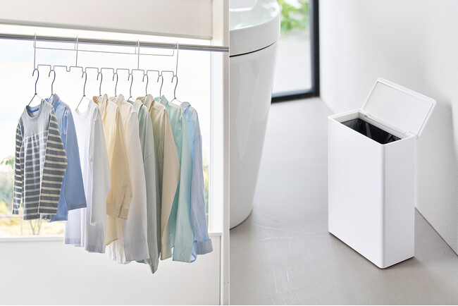 【山崎実業 新商品のお知らせ】 スリムに収まる上品なトイレポットや、風通しよくきれいに干せる10連ホルダーなど、新商品が発売になりました。