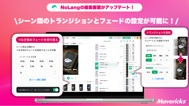 株式会社Mavericksは、動画生成AI「NoLang」の編集画面に、シーン切り替えに動きを加える「トランジション」機能と「つなぎ目のフェード」切り替え機能を追加。場面転換の見せ方を細かく調整可能に