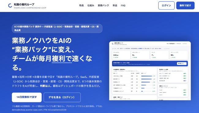 株式会社プエンテ、業務ノウハウをAIの「業務パック」に変える法人向けSaaS「知識の複利ループ」を提供開始 ─ 6業務・Claude/Codex/Gemini対応