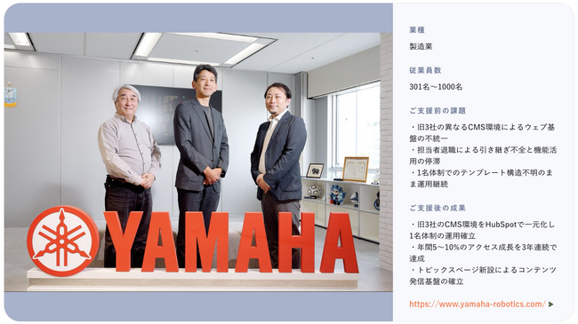 株式会社100、ヤマハロボティクスのHubSpot Content Hub導入・活用事例を公開 ～統合3社のCMSを1つに集約、3年連続で年5～10%のアクセス成長を実現～