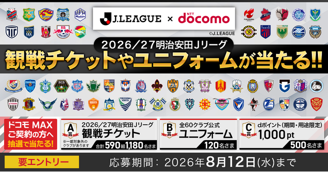 「２０２６／２７明治安田Ｊリーグ」がいよいよ開幕！「ドコモ MAX」契約者限定「特別な体験価値」で、各クラブの観戦チケットや全60クラブの公式ユニフォームが当たる！