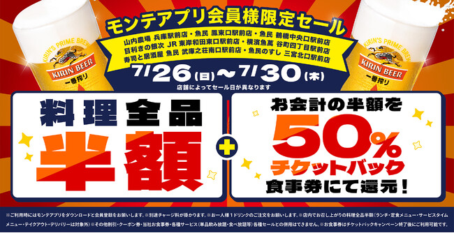 公式アプリ会員様限定！対象の7店舗で“料理全品半額”＆“半額チケットバックキャンペーン”を開催！当日ダウンロード、会員登録でもご利用可能！