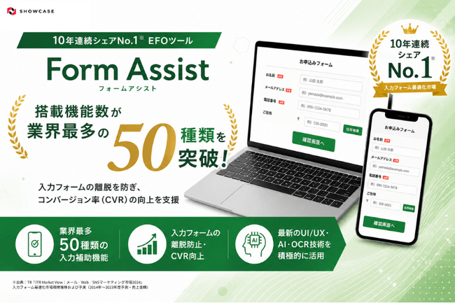 ショーケース、10年連続シェアNo.1※EFOツール「Form Assist」の搭載機能数が業界最多の50種類を突破！