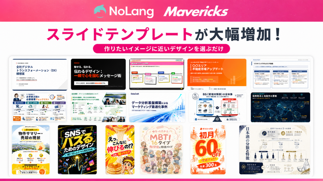 株式会社Mavericksは、動画生成AI「NoLang」のスライドテンプレートを大幅追加。図解型から店舗紹介まで系統別にそろい、デザインの検討工程を省き提案書からSNS投稿用スライドまで作成可能に