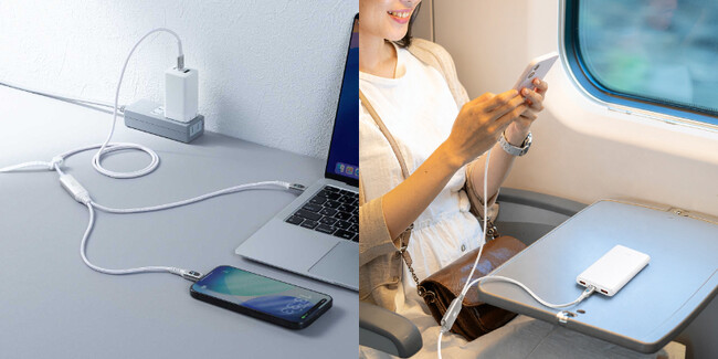 2台同時充電できる！人気の電力表示付きの100W対応2in1 Type-Cケーブルの白色を発売