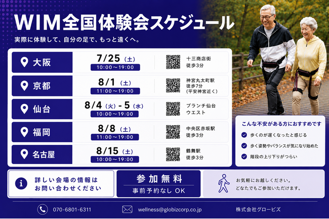 【歩行支援ロボット「WIM S」初の全国POPUPを開始】 8/5仙台・8/15名古屋など世界7か国・1万人超が体感したAI歩行アシストの無料体験会を全国順次開催