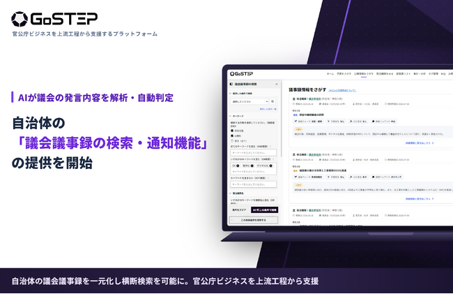 AIが議会の発言内容を解析・自動判定　GoSTEP、自治体の「議会議事録の検索・通知機能」の提供を開始