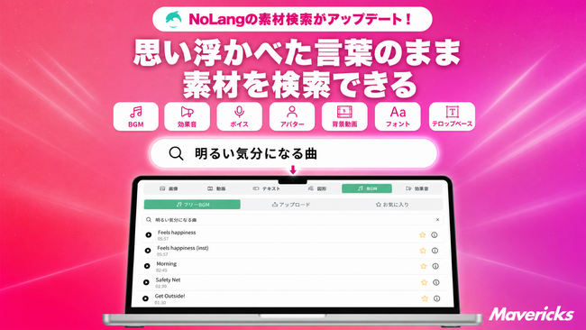 株式会社Mavericksは、動画生成AI「NoLang」の素材検索を刷新。BGM・フォントなど7種類を「明るい気分になる曲」「上品」といった雰囲気の言葉で検索でき、素材名や分類を知らずに選択可能に