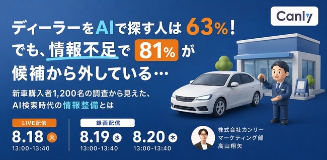 ディーラーをAIで探す人は63%！でも、情報不足で81%が候補から外している… ～新車購入者1,200名の調査から見えた、AI検索時代の情報整備とは～｜セミナー開催