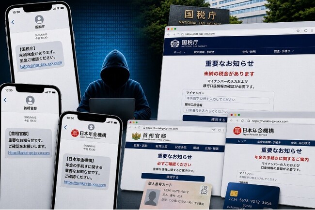 政府機関を装う偽サイトによる攻撃が前四半期比と比較し、991％増加国税庁や首相官邸、年金関連機関、自治体などをかたる詐欺に要注意