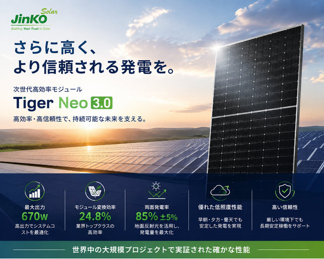 ジンコソーラー「Tiger Neo 3.0」、世界各地の太陽光発電プロジェクトで採用拡大