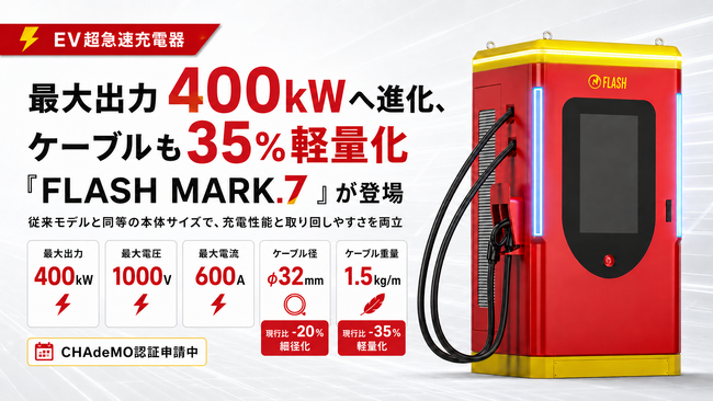 最大出力400kWへ進化、ケーブルも35％軽量化したEV超急速充電器「FLASH MARK.7」が登場