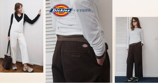 【emmi】ブランド初となるDickies(R)別注アイテムが登場！フェミニンな着こなしにもマッチするサロペットと、アイコン的ワークパンツ「874」をベースにした別注モデルを発売＜8月10日（月）＞