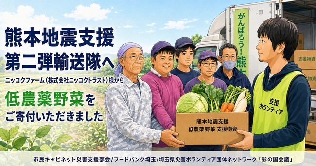 【お礼とご報告】ニッコクファーム（株式会社ニッコクトラスト）様より【熊本地震支援】第二弾輸送隊（市民キャビネット災害支援部会/フードバンク埼玉/彩の国会議）へ低農薬野菜をご寄付いただきました！