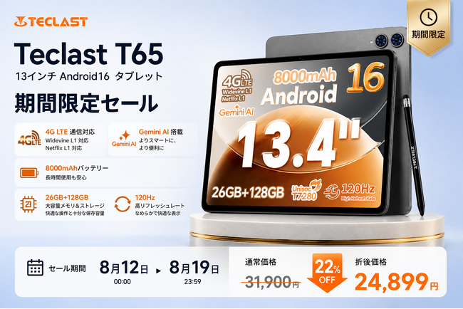 Teclast T65、8月12日~8月19日の期間限定セールを開催