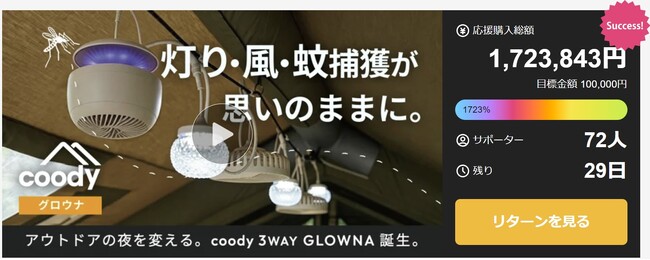 Makuake公開初日で170万円を突破！coody GLOWNA パーティーライトが進化。蚊捕獲機能を搭載した「3 WAY GLOWNA」登場