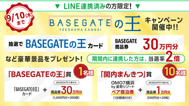 BASEGATE横浜関内を楽しみ尽くそう！BASEGATE横浜関内で使える商品券最大30万円分などが当たる「BASEGATEの王」キャンペーンを2026年8月20日から開催