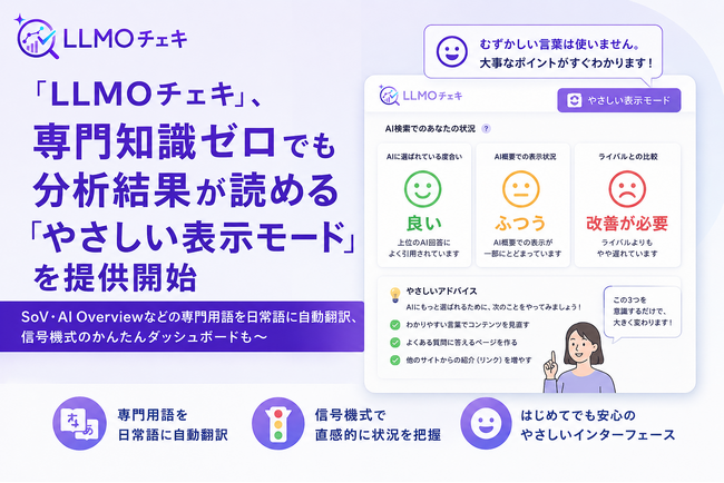 「LLMOチェキ」、専門知識ゼロでも分析結果が読める「やさしい表示モード」を提供開始