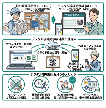 建築現場のDXを推進する4社連携プロジェクトが発足　特許技術を活用した「デジタル現場掲示板」の受注・製作を開始