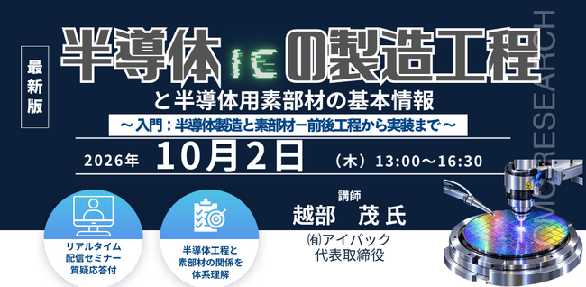 【ライブ配信/ZOOM】「半導体（IC）の製造工程と半導体用素部材の基本情報」セミナー開催！10月2日（金）主催：(株)シーエムシー・リサーチ