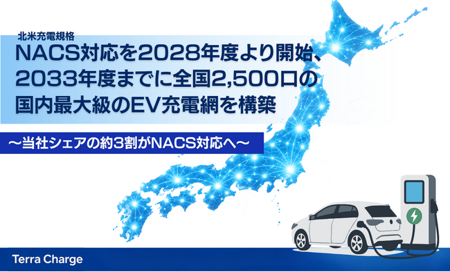 テラチャージ、2028年度よりNACS対応を開始、2033年度までに全国2,500口の国内最大級のEV充電網を構築