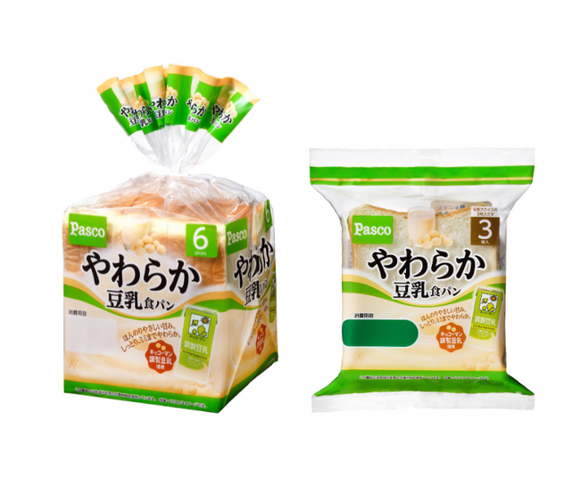 キッコーマンの「調製豆乳」を使用した新しい食パンです。しっとりやわらか、アレンジいろいろ。Pascoの「やわらか豆乳食パン」新発売