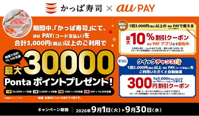 かっぱ寿司でおトクな1か月！au PAY決済で最大2,100円分の割引チャンスに加え、総計10,106名様にPontaポイントが当たるキャンペーンを9月1日（火）から開催 ！