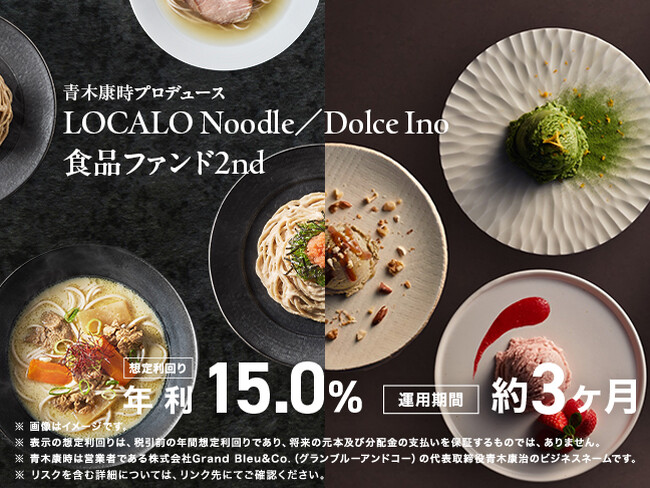 【第1弾はわずか15分で満額達成】投資して次世代ウェルネスフードが届く 連続起業家が手掛ける「青木康時プロデュースLOCALO Noodle／Dolce Ino食品ファンド2nd」9/7(月)募集開始