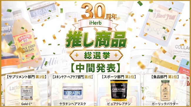 「iHerb30周年 推し商品総選挙」カテゴリ別投票1位商品を中間発表